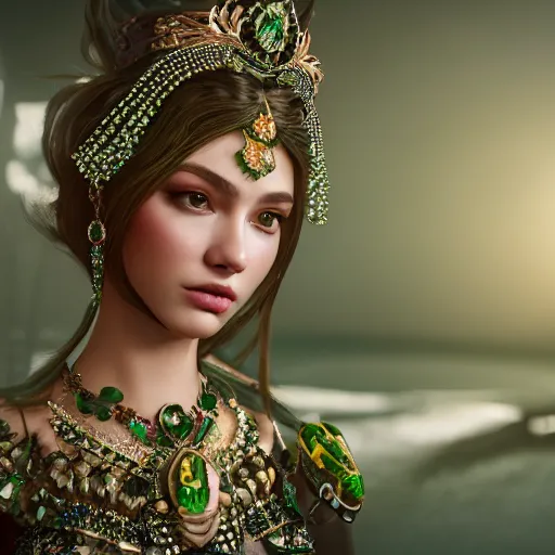 Image similar to photograph of wonderful princess with smooth fair skin, green jewelry, breathtaking, elegant, ornate, intricate, hyper detailed, accent lighting, dramatic light, 4 k octane render