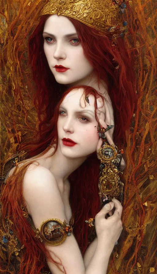Image similar to Masterpiece painting of beautiful vampire princess close-up portrait by Donato Giancola and Tom Bagshaw, face by Artgerm and Edmund Leighton, golden ratio, trending on cgsociety, intricate, majestic, dark epic fantasy, trending on artstation, by H.R. Giger, background by James Jean and Gustav Klimt, 8k, volumetric Lighting, Hokusai, trending on pixiv