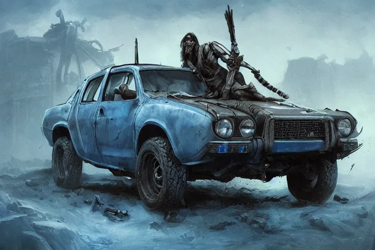 Image similar to a Dacia 1310, in Mad Max style, coriolios rpg art style, full of details, dark sci-fi, cold blue colors, matte painting, artstation, 8k, hyperrealistic, style of peter mohrbacher