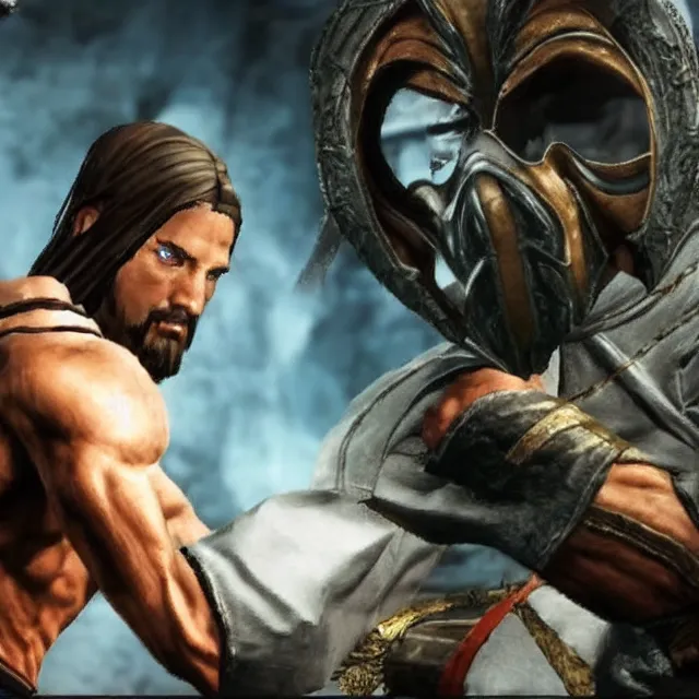 Prompt: jesus in mortal kombat, fighter, 3 d videogame render, 4 k