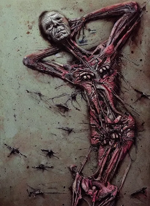 Prompt: painting of disturbing figure lying on concrete ground, decrepit, corpse-like, by jon hale, beksinski, giger, epic, flying birds, tweeting, trump reaction video tiktok, 'trump face reacting'!!! soyjak!!!