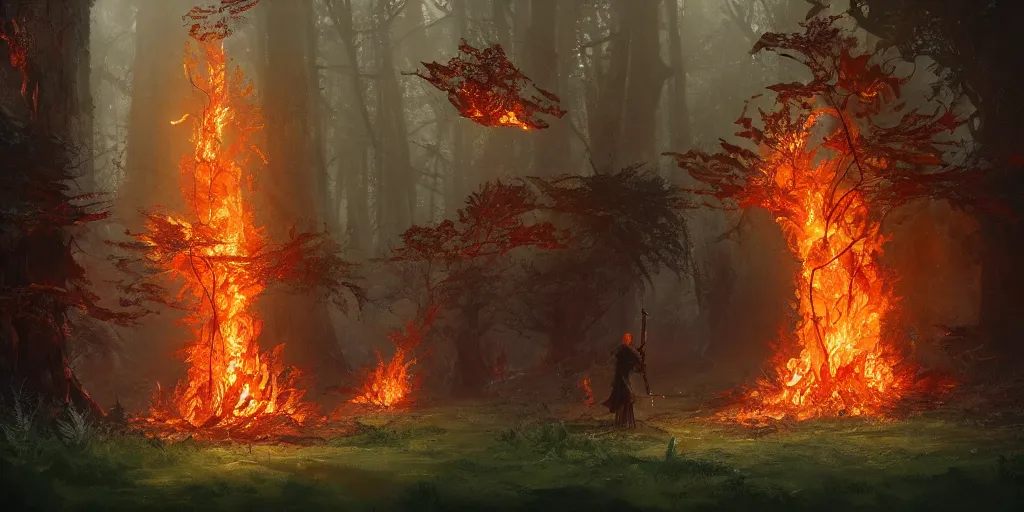 Image similar to A flaming forest , flaming leaves,Magma,flame stones are scattered, flame ferns, flame shrubs, huge flame Fantasy plant,covered in flame porcelain vine, artstation,by Jakub Rozalski, Greg Rutkowski,anthony avon