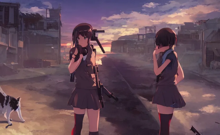 Image similar to a girl in her school uniform holding a shotgun with a cat next to her, epic apocalyptic city, an anime scene illustrated by Makoto Shinkai, digital art, 4k ultra