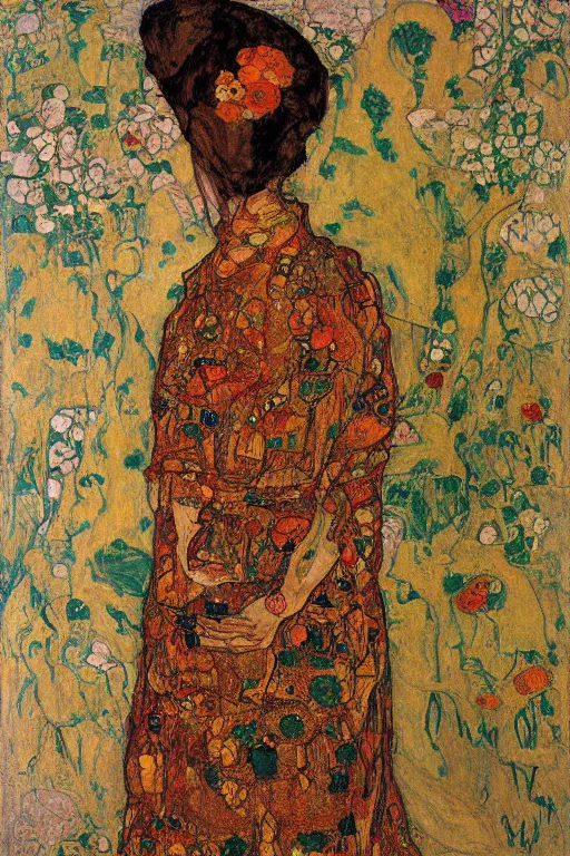 Prompt: girl waer detailed golden arabesque dress with a lot of flowers in persian pot, painting by egon schiele