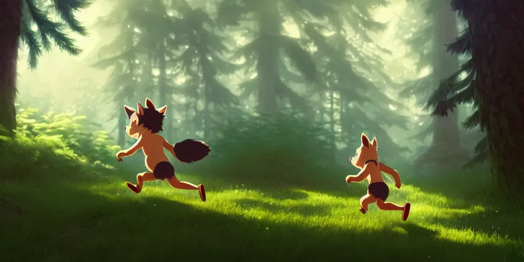 Prompt: a wholesome animation key shot of a cute wolf boy running through a forest, medium shot, waist up, studio ghibli, pixar and disney animation, sharp, rendered in unreal engine 5, anime key art by greg rutkowski, bloom, dramatic lighting