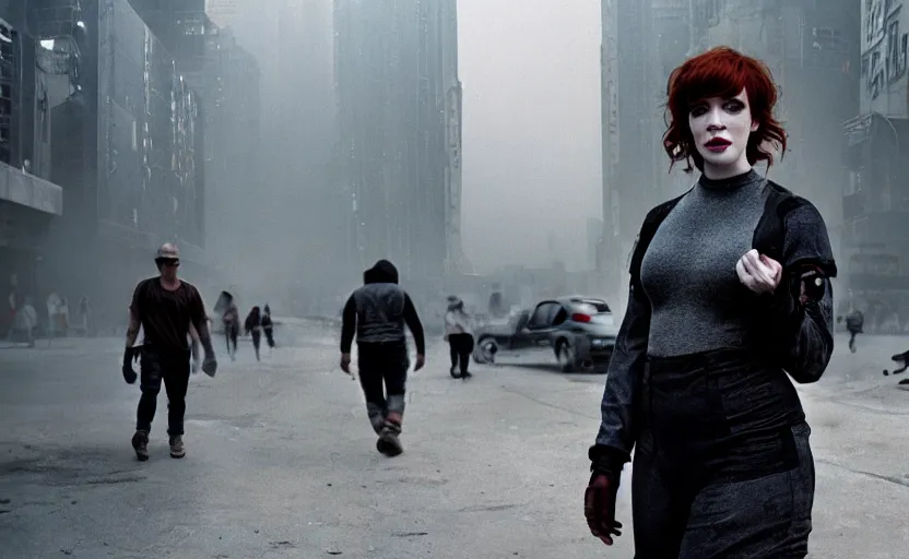 Image similar to cinestill 5 0 d candid photographic portrait by helen levitt of christina hendricks wearing rugged black mesh techwear, modern cyberpunk moody emotional cinematic, white pale concrete city, dust storm, 8 k, hd, high resolution, 3 5 mm, f / 3 2, ultra realistic faces, ex machina