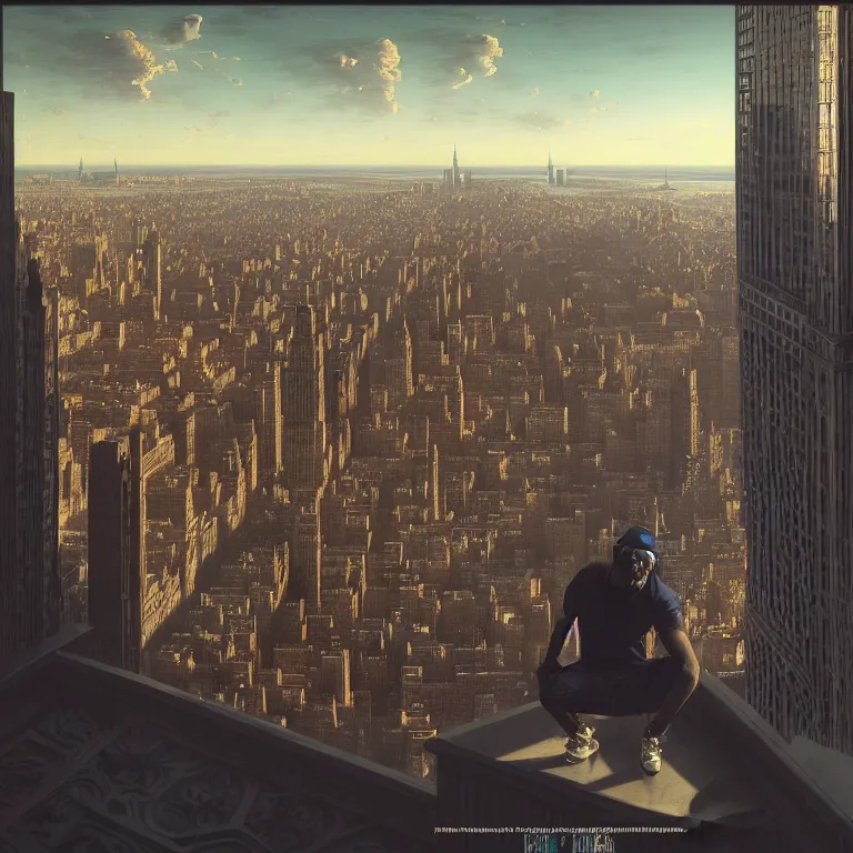Image similar to a rapper looking at new york from a rooftop, dream - like atmosphere, symmetrical baroque painting, perfect composition, beautiful detailed intricate insanely detailed octane render trending on artstation, 8 k artistic photography, photorealistic, soft natural volumetric cinematic perfect light, chiaroscuro, award - winning photograph, masterpiece, raphael, caravaggio, greg rutkowski, beeple
