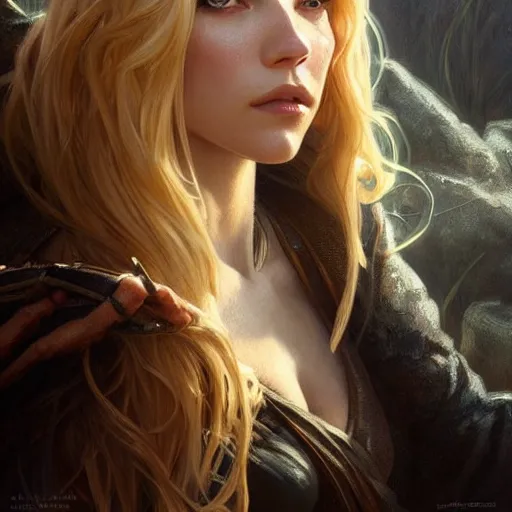 Prompt: beautiful Katheryn Winnick, western, closeup, D&D, fantasy, intricate, elegant, highly detailed, digital painting, artstation, concept art, matte, sharp focus, illustration, art by Artgerm and Greg Rutkowski and Alphonse Mucha