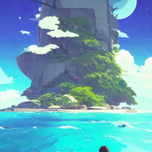 Image similar to enjoying the holidays in seychelles in 2 0 5 0!!, detailed, cory loftis, james gilleard, atey ghailan, makoto shinkai, goro fujita, studio ghibli, rim light, exquisite lighting, clear focus, very coherent, sea in background