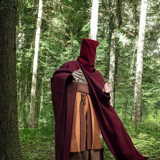 Image similar to medieval cloak wearing lizard human, photograph captured in the woods