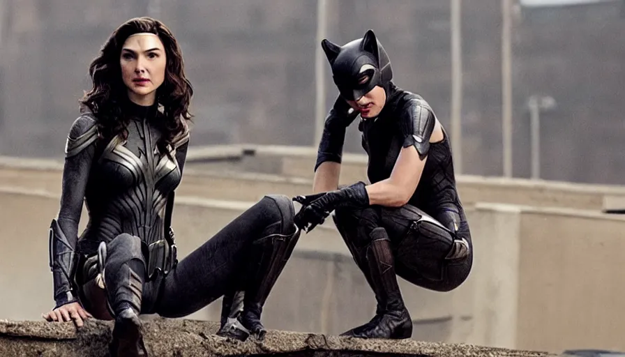 Prompt: gal gadot as catwoman sitting on a rooftom, still from the movie, barefooted