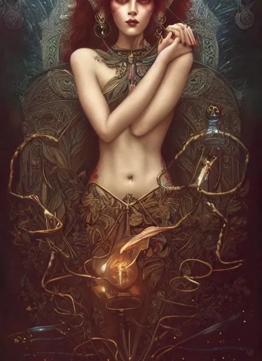 Image similar to beautiful detailed painting of a tarot card, by tom bagshaw