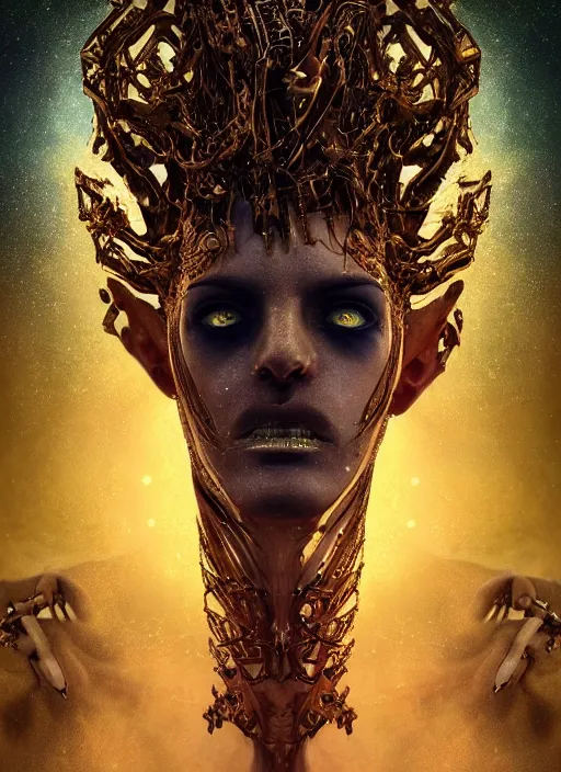 Prompt: epic portrait of menacing, anxious, agitated yet stunningly beautiful biomechanical djinn the terrifying demigod of creation made of quartz and metal overseeing the iridescent fabric of the universe, by charlie bowater, mandy jurgens, gustav klimt, octane render, dramatic camera angle, 4k, 8k, high detail, HDR, by tom bagshaw, powerful, with inspiration from Beksinski, inspired by greek goddess Athena