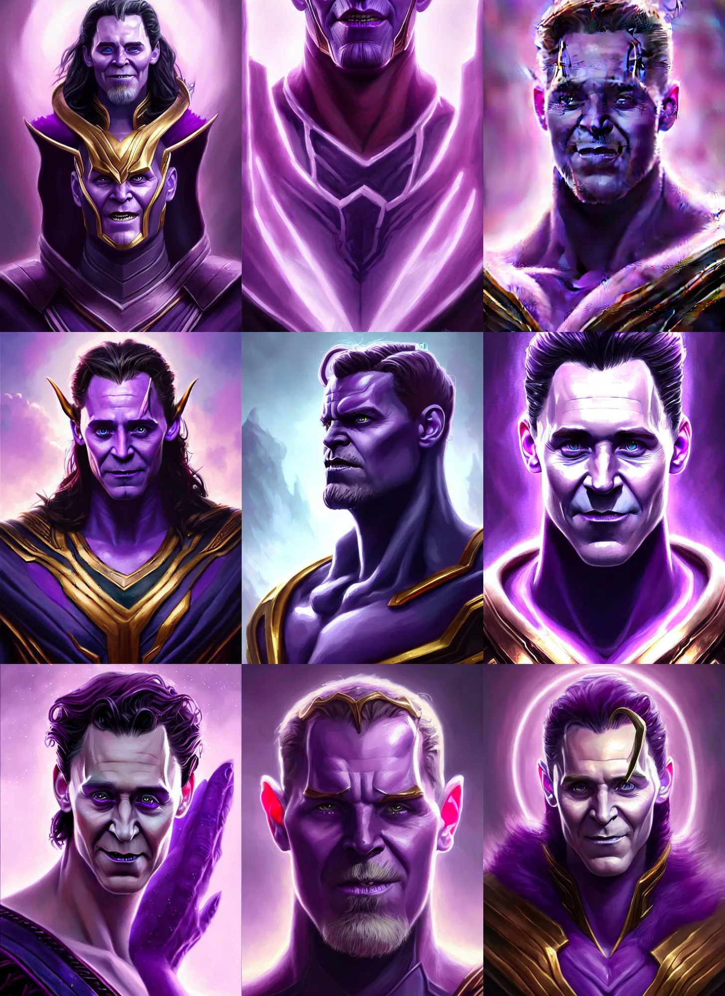 Prompt: a fantasy style portrait painting a character if loki ( tom hiddleston ) and thanos had a son, purple skin, powerful chin, thanos style traits, painting, unreal 5, daz., rpg, portrait, extremely detailed, artgerm greg rutkowski _ greg