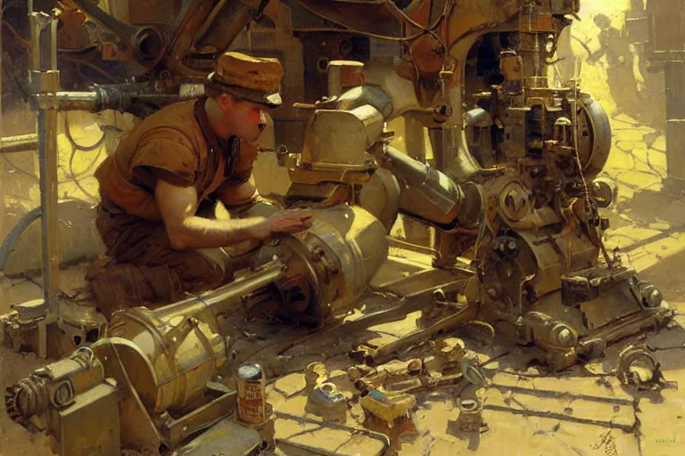 Image similar to male repairing machine, dieselpunk, painting by gaston bussiere, craig mullins, j. c. leyendecker