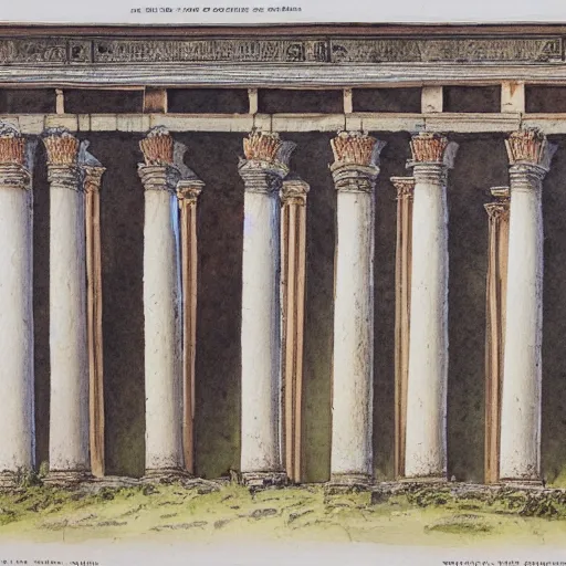 Prompt: detailed 1 9 th century architectural watercolor illustration of ornate hellenistic ruins