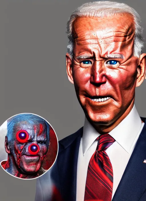 Image similar to hyper realistic ultra realistic mutant photo Doom furious glowing red eyes biden, high quality photo, detailed , 8k, silly