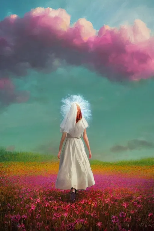 Prompt: white daisy flower face, girl with veil walking in a flower field, surreal photography, sunrise, dramatic light, impressionist painting, colorful clouds, digital painting, artstation, simon stalenhag