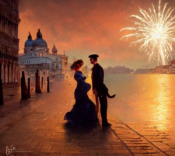 Image similar to photography of a 1 8 th couple in venice with fireworks, deep focus, intricate, elegant, highly detailed, digital painting, artstation, concept art, matte, sharp focus, illustration, art by artgerm and greg rutkowski and alphonse mucha and gil elvgren