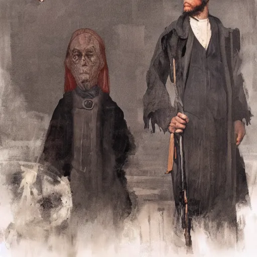 Prompt: the american gothic painting, dressed like goths, highly detailed, digital painting, artstation, concept art, smooth, sharp focus, by Gustave Courbet