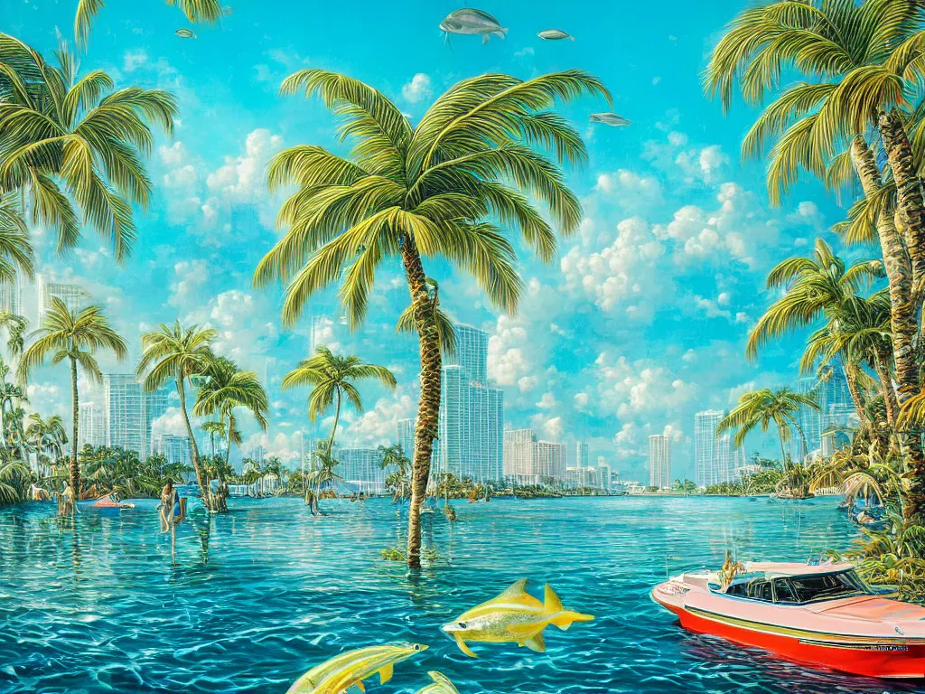 Prompt: hyperrealistic painting of miami underwater, climate change, art deco designs, palm trees, vivid color, elegant, meticulous, cinematic, highly detailed, realism, intricate, acrylic on canvas, 8 k resolution, concept art, by noriyoshi ohrai, francesco di giorgio martini