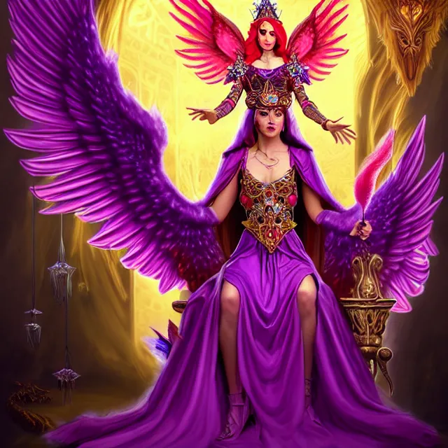 Prompt: Princess sorceress with red flaming bird wings on her back and sitting on an ornate throne dressed in a fancy purple dress, beautiful realistic symmetrical defined face, anatomically correct, Fantasy, Full Portrait, High detail, realistic, planeswalker