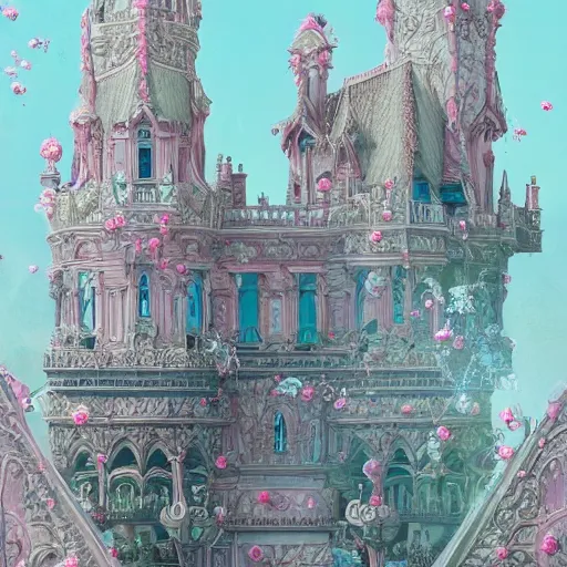 Prompt: a beautiful exquisite ornate details future castle on pinky clound, heaven, soft light, fantasy，James Jean, realistic, as trending on artstation, 8k,