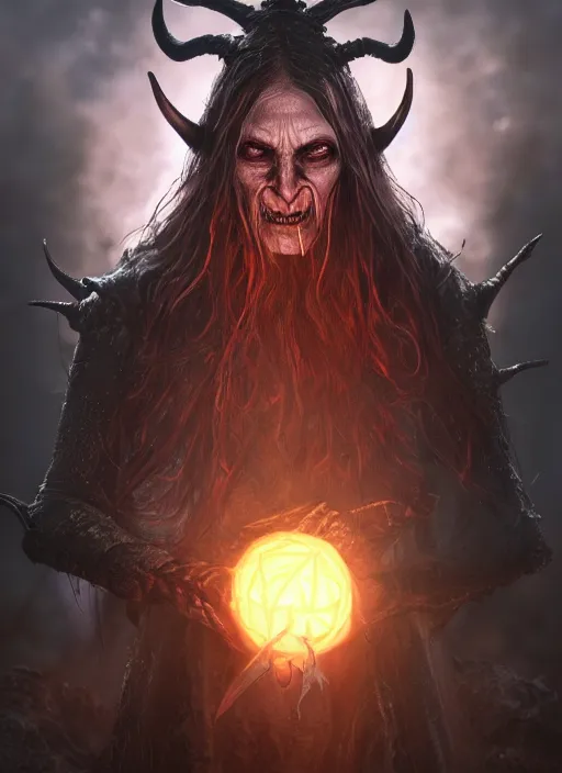 Image similar to ultra detailed fantasy creepy old satanic witch with horns in head, elden ring, realistic, dnd character portrait, full body, dnd, rpg, lotr game design fanart by concept art, behance hd, artstation, deviantart, global illumination radiating a glowing aura global illumination ray tracing hdr render in unreal engine 5