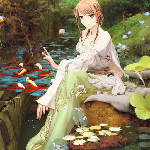 Image similar to isekai masterpiece drawn by bowater charlie, cabanel alexandre, james c. christensen, cornwell dean, of a beautiful anime girl sitting in a pond filled with lily pads and koi fish