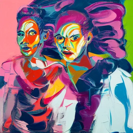 Image similar to a portrait of two beautiful 3 0 year old sisters in a scenic environment by francoise nielly, francis bacon