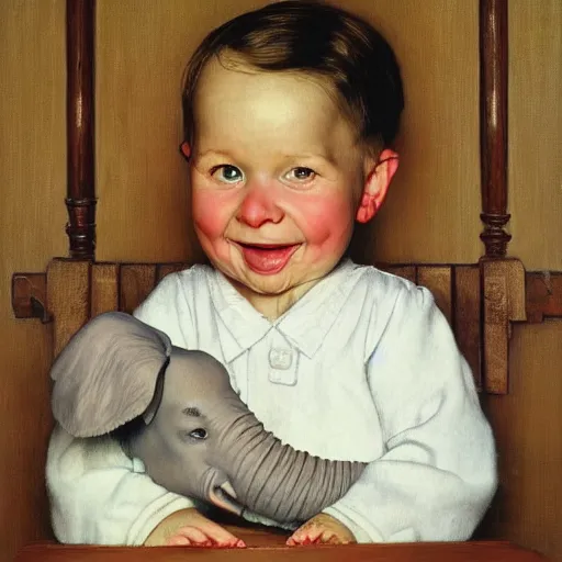 Prompt: a white baby elephant portrait by Norman Rockwell , ultra realistic painting, looking at the camera, smiling, highly detailed illustration, 8k, masterpiece, trending on cgsociety