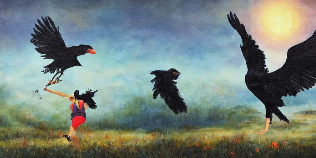 Image similar to giant crow painting chasing a girl in a magical landscape