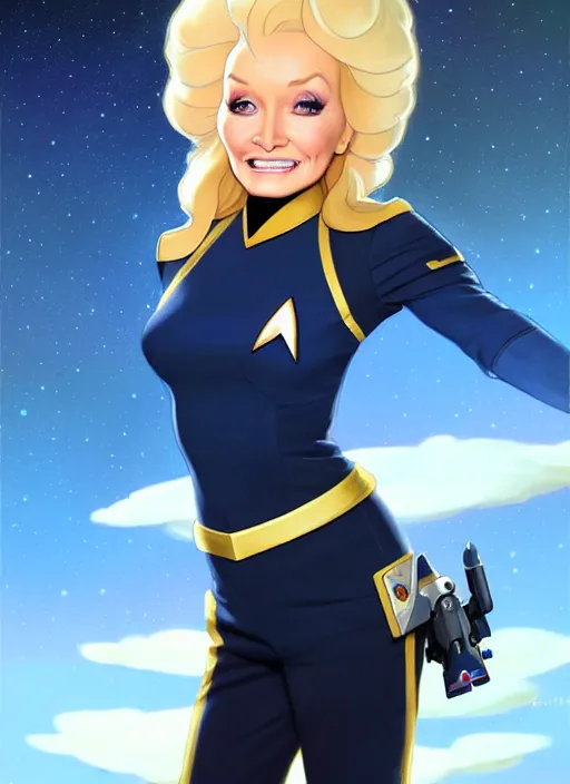 Image similar to cute star trek officer dolly parton, natural lighting, path traced, highly detailed, high quality, digital painting, by don bluth and ross tran and studio ghibli and alphonse mucha, artgerm