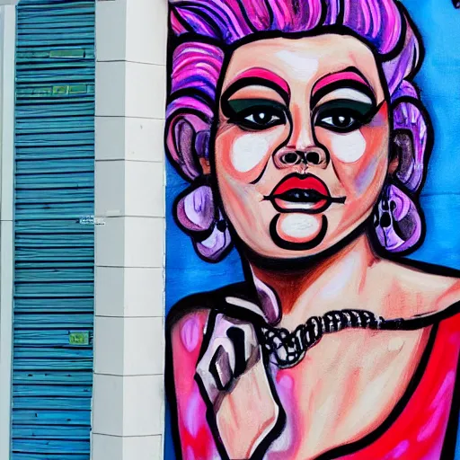 Image similar to gorbachev drag queen painting on building detailed