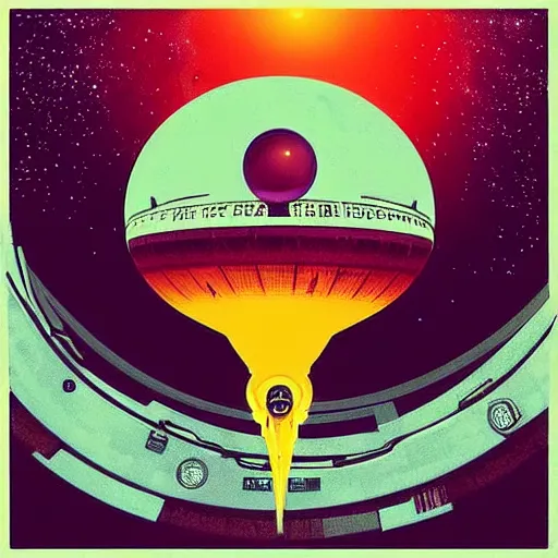 Image similar to “retro sci fi poster depicting a space station in orbit. In the style of stoner rock album.”