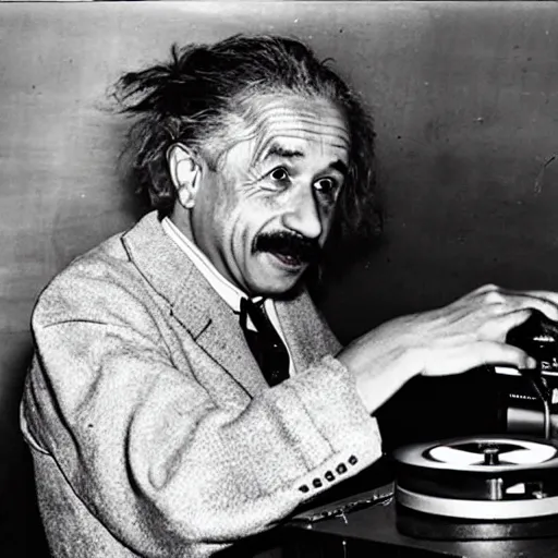 Image similar to photo of Albert Einstein DJing a record player, vintage, highly detailed facial features