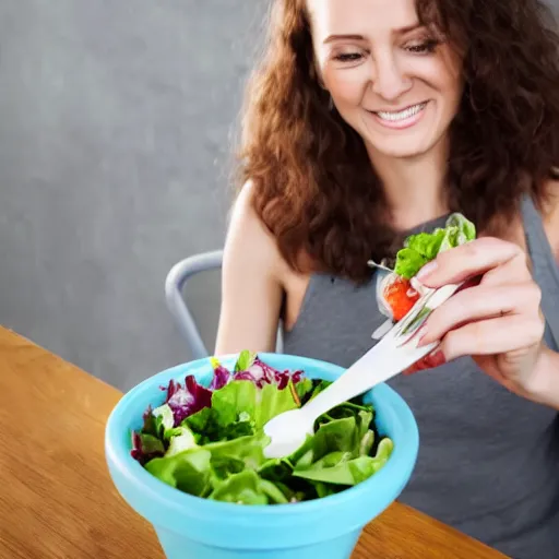 Image similar to Stock photo of woman eating salad with spork and laughing