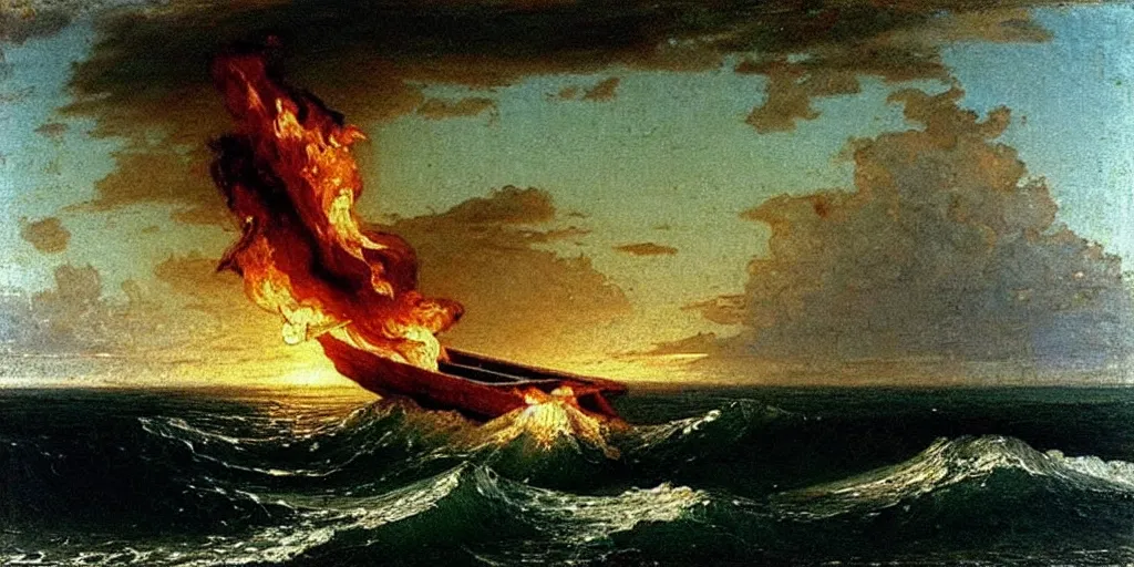 Prompt: “ ( ( ( ( ( boat on fire in rough ocean waves ) ) ) ) ) painted by john frederick kensett!!!!!!!!!! ”