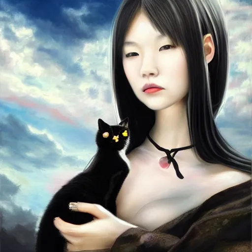 Prompt: style of Guo Hua ,young vampire and her black cat , full body , realistic, detailed, white, light pink tonalities, beautiful collage technique including clouds, sea, wind, ornate sea background, beautiful Fantasy detailed trending on artstation, oil painting,Dramatic lighting, eterea , high quality print, fine art with subtle redshift rendering