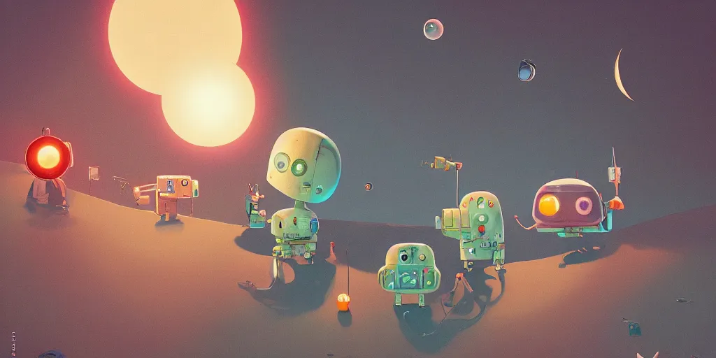 Prompt: cute cartoon robots watching a total solar eclipse by Goro Fujita and Simon Stalenhag and Kandinsky and Magritte and Picasso, 8k, trending on artstation, hyper detailed, cinematic