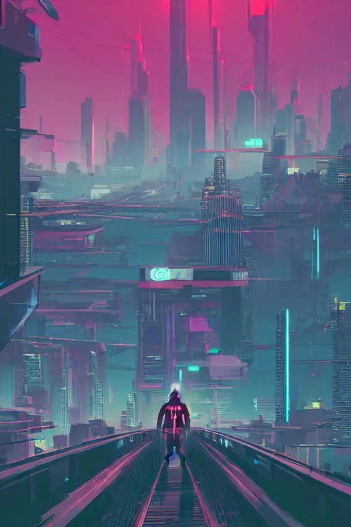 Image similar to a man standing on top of a bridge over a city, cyberpunk art by james gilleard, cgsociety, retrofuturism, synthwave, cityscape, 2 d game art