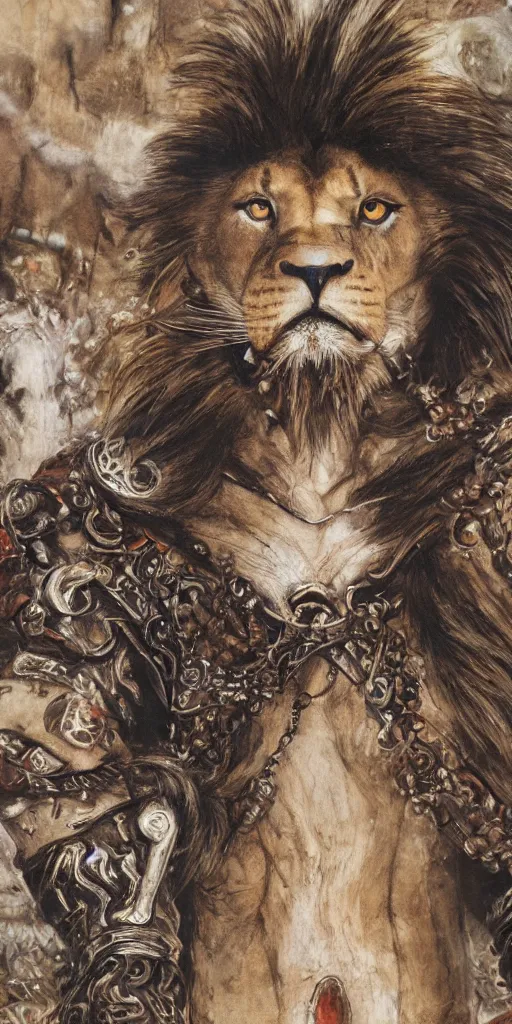 Image similar to 8 k yoshitaka amano painting of upper body of a young cool looking lion beastman with white mane at a medieval market at windy day. depth of field. he is wearing complex fantasy clothing. he has huge paws. renaissance style lighting.