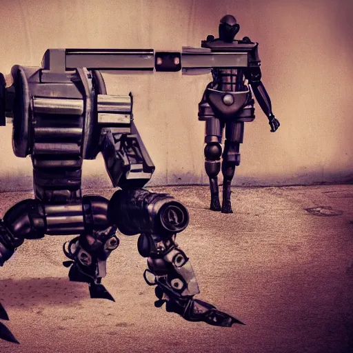 Prompt: war robot against photographer