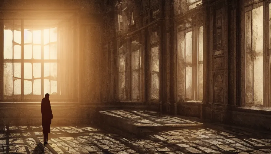 Prompt: a weathered broken humanoid robot praying in the middle of old library, sunshine through window, by noah bradley, digital illustration, cinematic composition, detailed textures