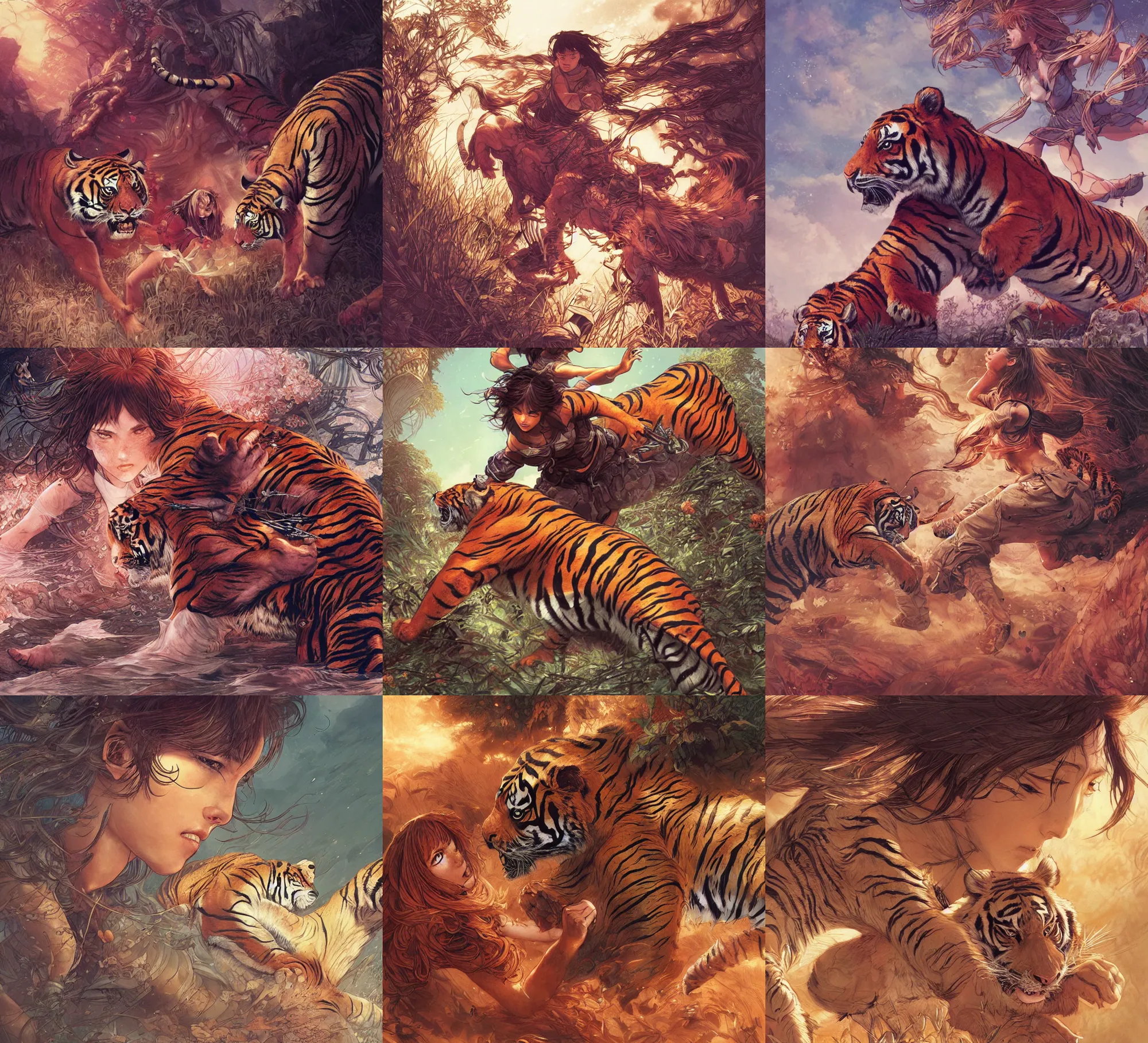 Image similar to a girl fighting a tiger, full shot, visible face, ambient lighting, detailed, art by ayami kojima, makoto shinkai, kilian eng