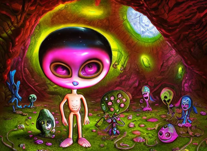 Image similar to 👽👾 aliens, in a beautiful cave, lowbrow, amazing colorful background, digital art, concept art, in the style of mark ryden, 3 - d 4 k,