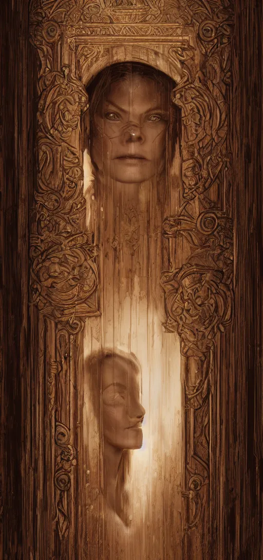 Image similar to a womans faced carved into a wooden door, intricate Details, raphael lacoste, eddie mendoza, alex ross, john howe, concept art, matte painting, highly detailed, rule of thirds, dynamic lighting, cinematic, detailed, denoised, centerd, clean render