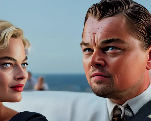 Image similar to leonardo dicaprio as the wolf of wall street next to margot robbie as naomi from the wolf of wall street, hyper realistic faces, beautiful eyes, cinematic, long shot, hyper detailed, 8 5 mm photograph, 8 k resolution, film still, sharp lens, wide lens