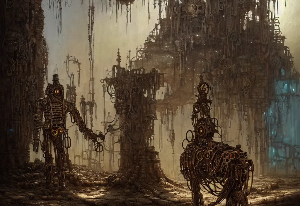 Image similar to A human in shamanistic robes performs a magical ritual to resurrect a mechanical horse inside a ancient steel ruins are covered with barchans of sand. Art by Finnian MacManus, Simon Stalenhag, Arthur Rackham. Masterpiece, closeup, fantasy art, cinematic, hyperdetailed, photorealistic, cyberpunk, postapocalyptic, steampunk, hyperrealism, octane render, 8k