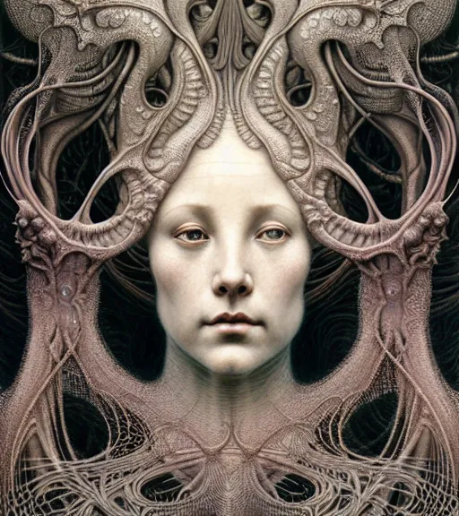 Image similar to detailed realistic beautiful fog goddess face portrait by jean delville, gustave dore, iris van herpen and marco mazzoni, art forms of nature by ernst haeckel, art nouveau, symbolist, visionary, gothic, neo - gothic, pre - raphaelite, fractal lace, intricate alien botanicals, ai biodiversity, surreality, hyperdetailed ultrasharp octane render